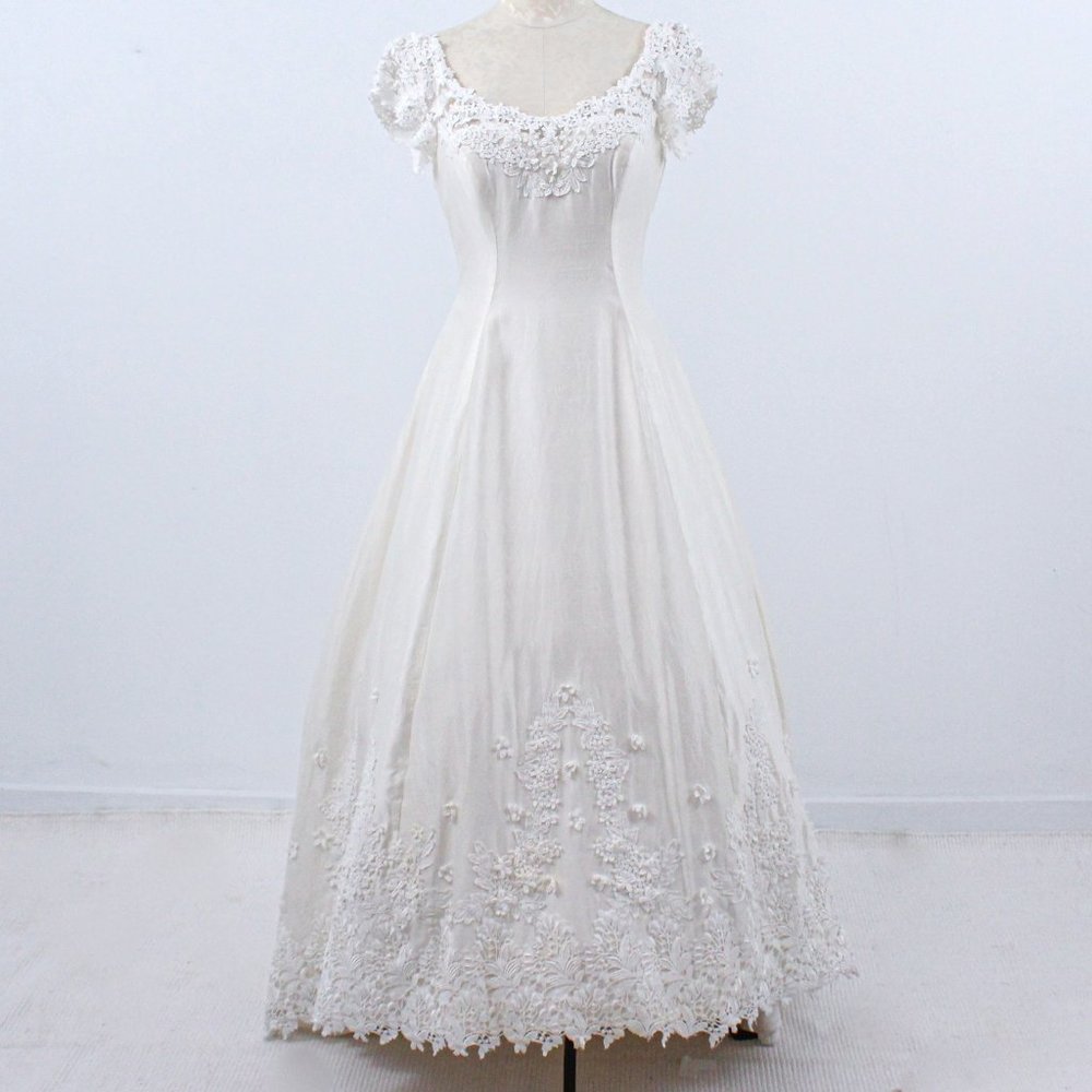 Wedding Dress Vintage 70s 4 6 Floral Lace Princess Gown White Boho Full A-line - Picture 3 of 14